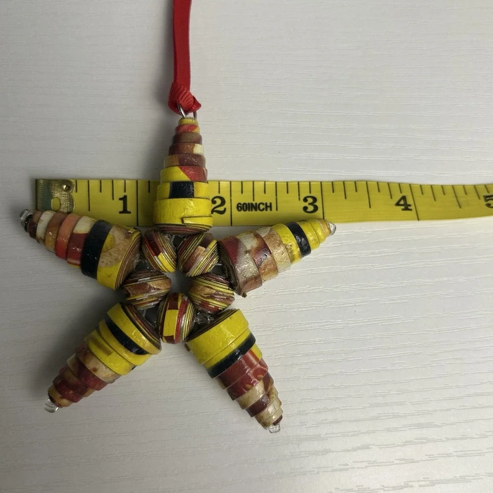 Recycled Paper Cardboard Bead Handmade Star Ornament Yellow, Red, Black